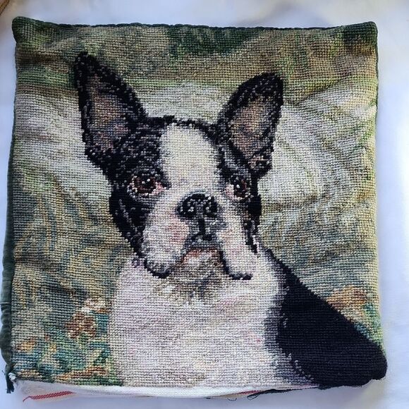 Vintage Needlepoint Boston Terrier Square - Picture 1 of 8